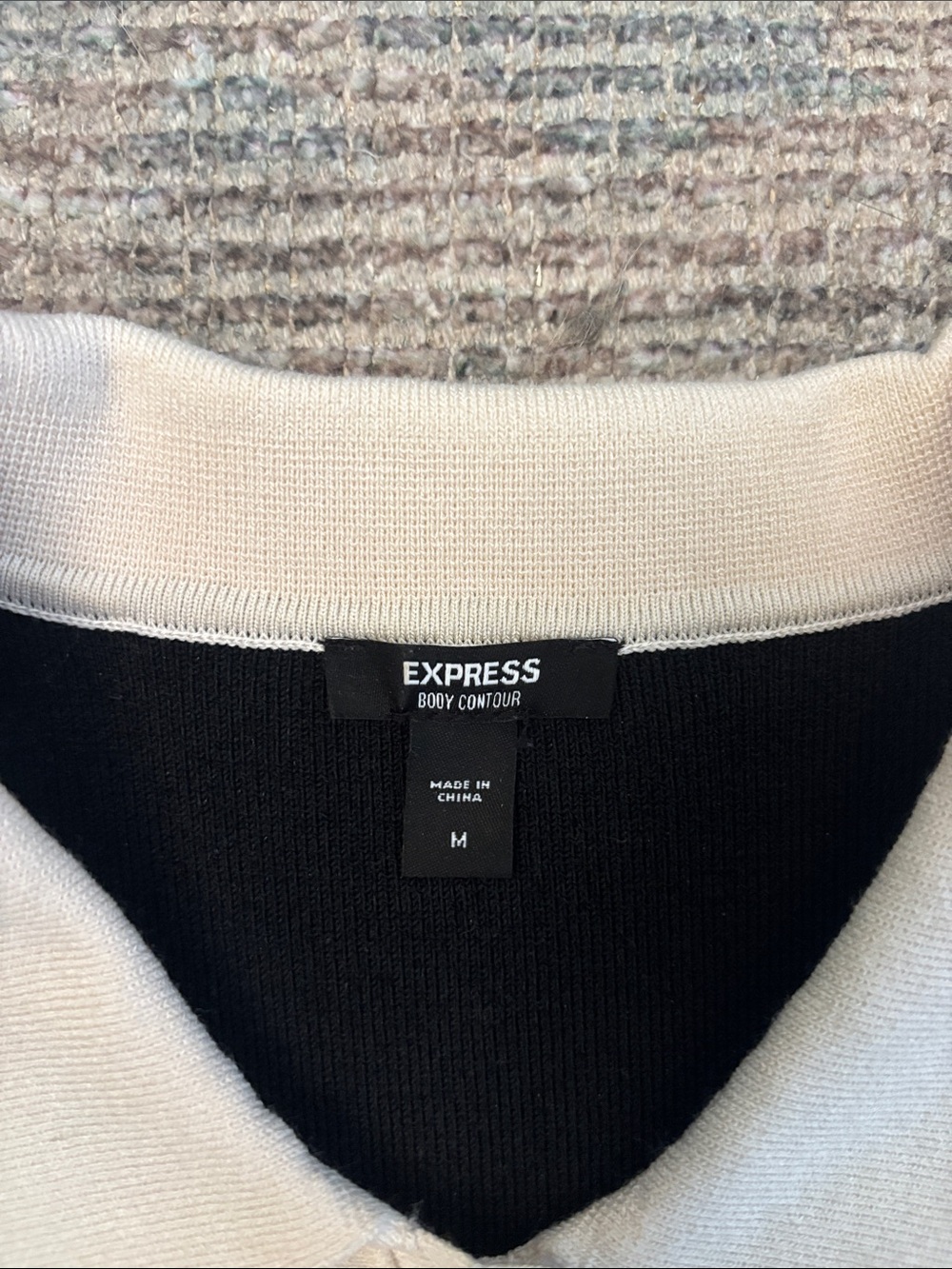 Express Black Short Sleeve Button-Down Top with Cream Scalloped Trim - Picture 2 of 3